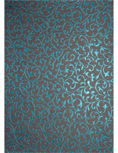 Perleťový metalizovaný dekorativní papír tmavý ąedý - tyrkysová krajka 18x25 5ks.