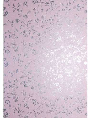 Perleťový metalizovaný dekorativní papír tmavý růľový - stříbrné květy 18x25 5ks.
